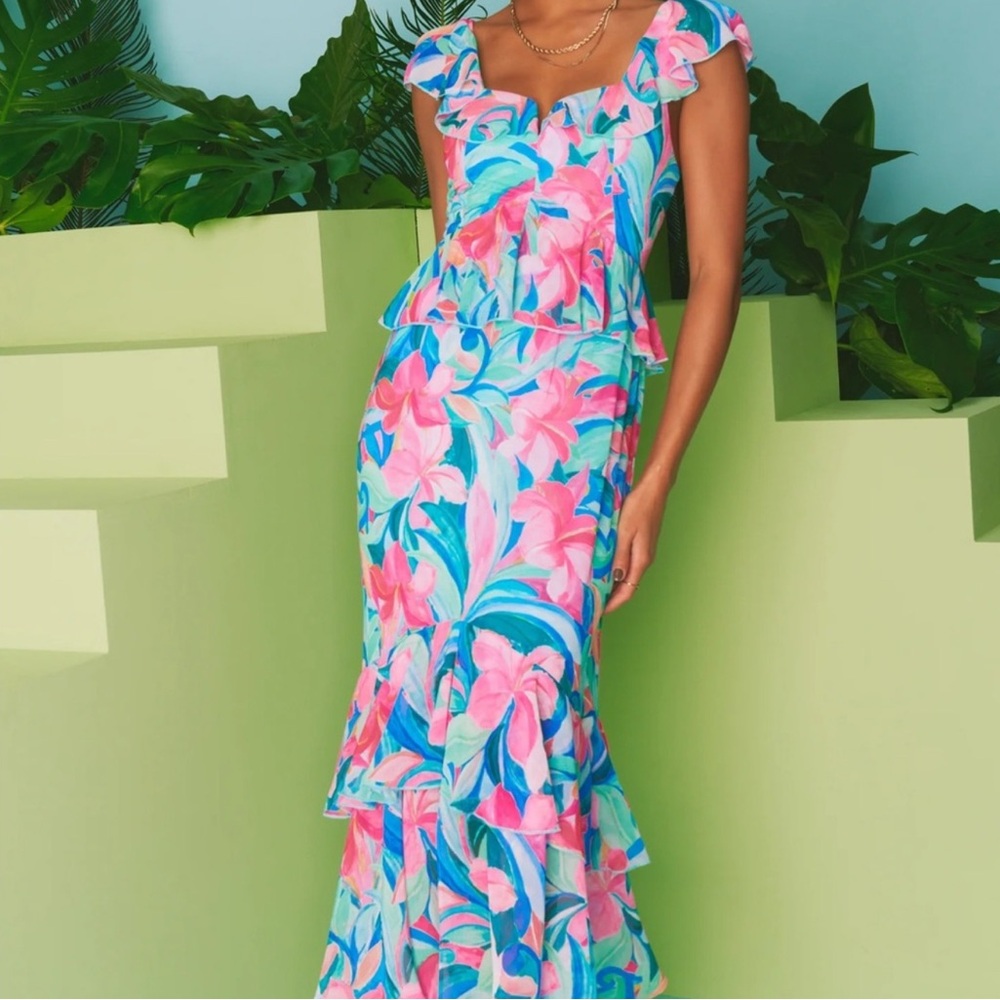Show Me Your MuMu Pink and Blue Ruffled Tiered Dress